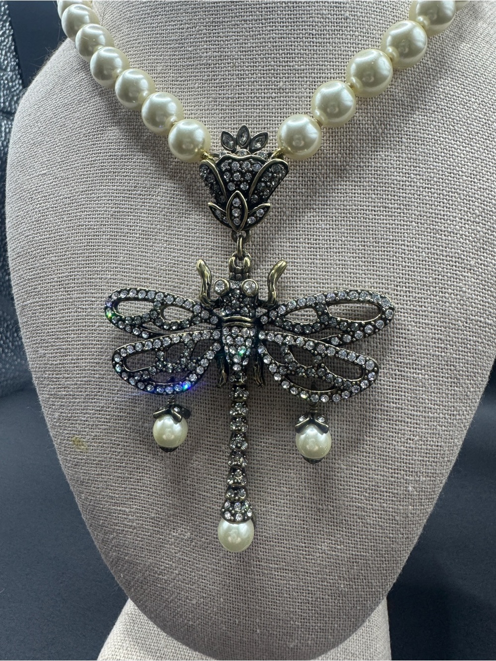 Retired Lucky Charm Dragonfly Knotted Faux Pearl Necklace signed HEIDI DAUS
